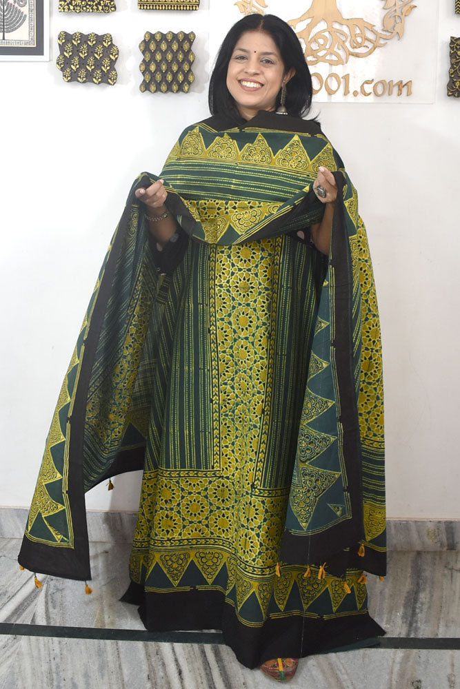 Designer Ajrakh Cotton kurta with panel design & Cotton dupatta - 3 piece set
