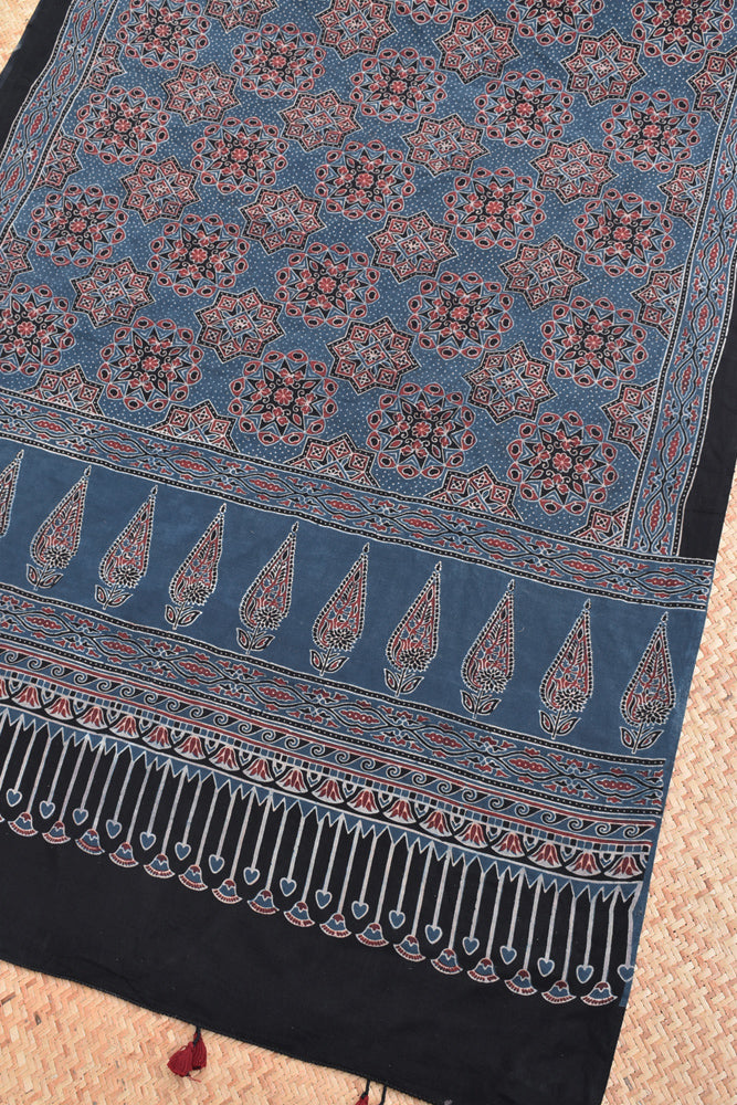 Ajrakh Hand Block Printed Cotton Dupatta with Tassels with natural dyes