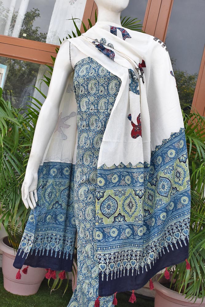 Beautiful Ajrakh kurta fabric with Hand Patch work dupatta