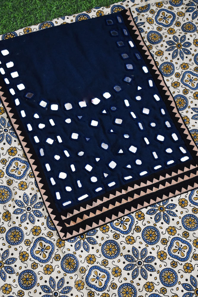 Designer Ajrakh Cotton Kurta Fabric with Kutch Mirror Work patch