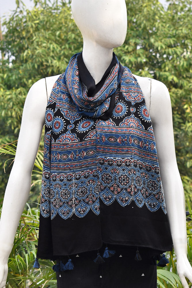 Beautiful Hand Block Printed Ajrakh Modal Silk stole with Tassels