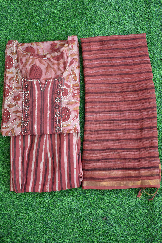 Earthy Hand Block Printed Cotton suit with Hand Embroidery - Kurta ,Kota Dupatta & Pant - size 38 to 48