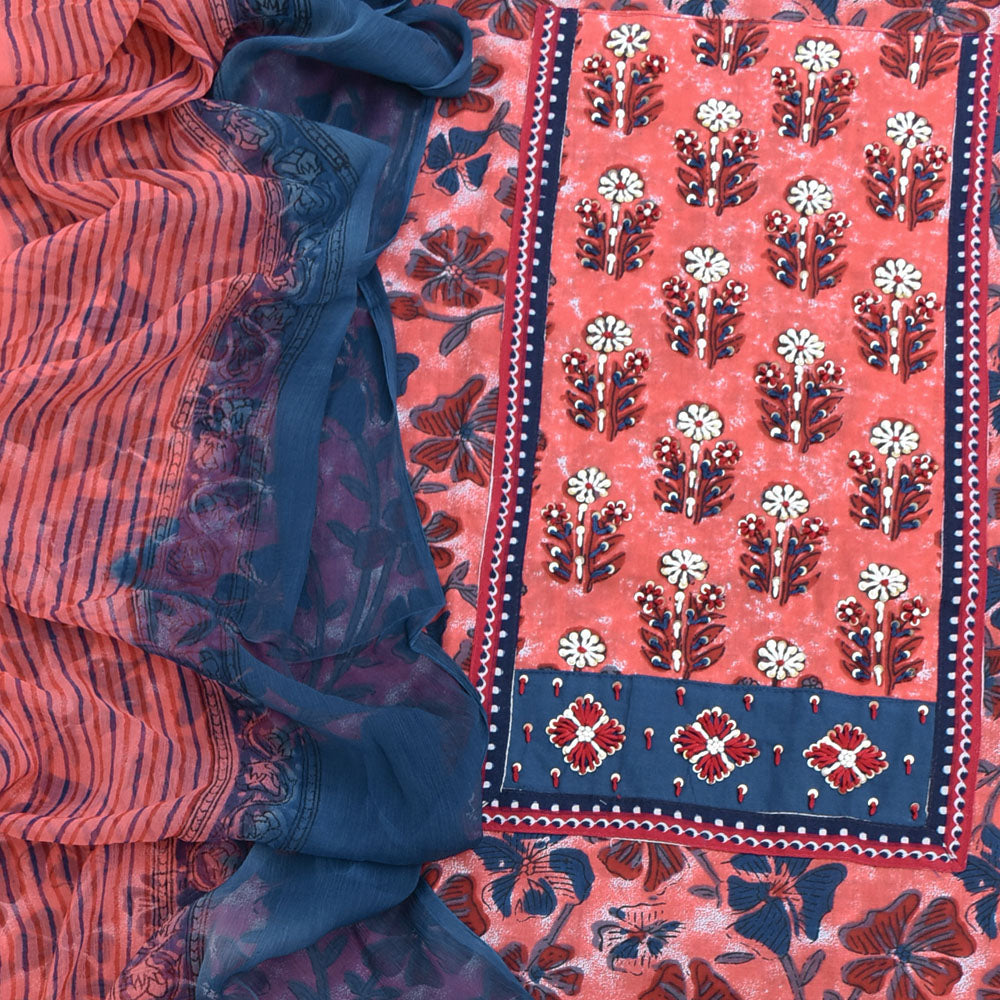 Premium Dabu Ajrakh Cotton Unstitched Suit with Intricate Hand Embroidery, mirror & sequin work & chiffon dupatta