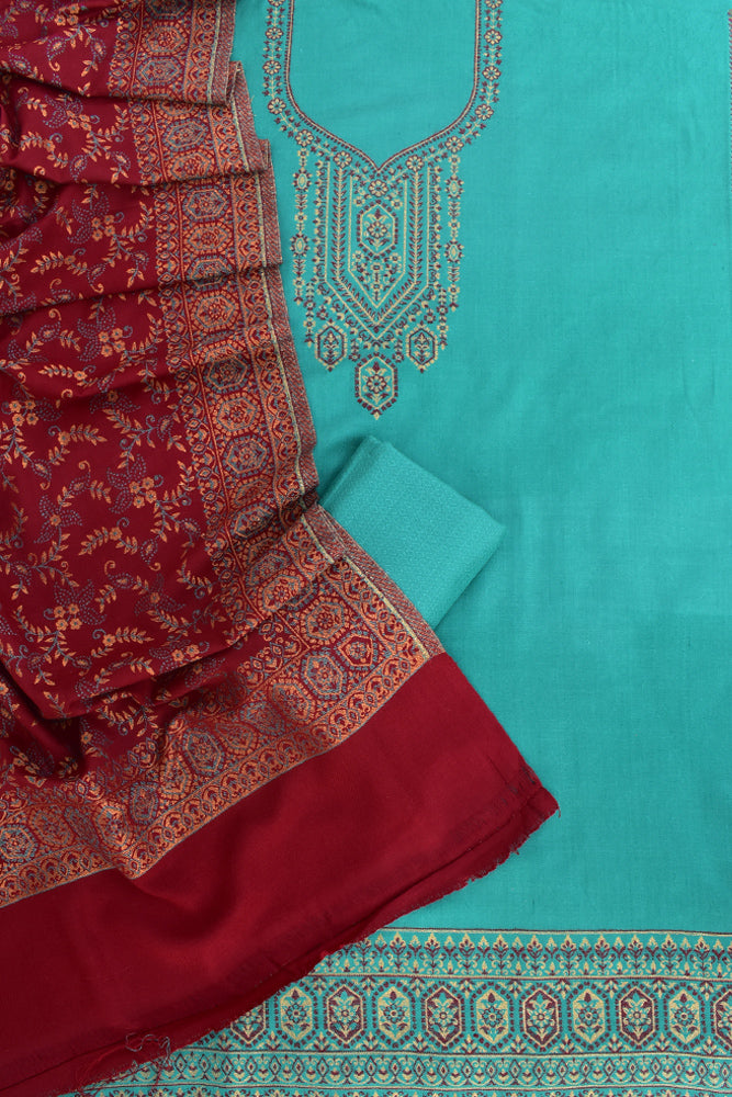 Beautiful Woolen Suit fabric & Stole with All over pattern and Zari & Thread weaving