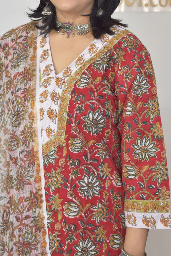 Hand Block Printed Cotton suit with Hand Embroidery - Kurta , Kota Dupatta & Pant - size 38, 40, 42, 44, 46