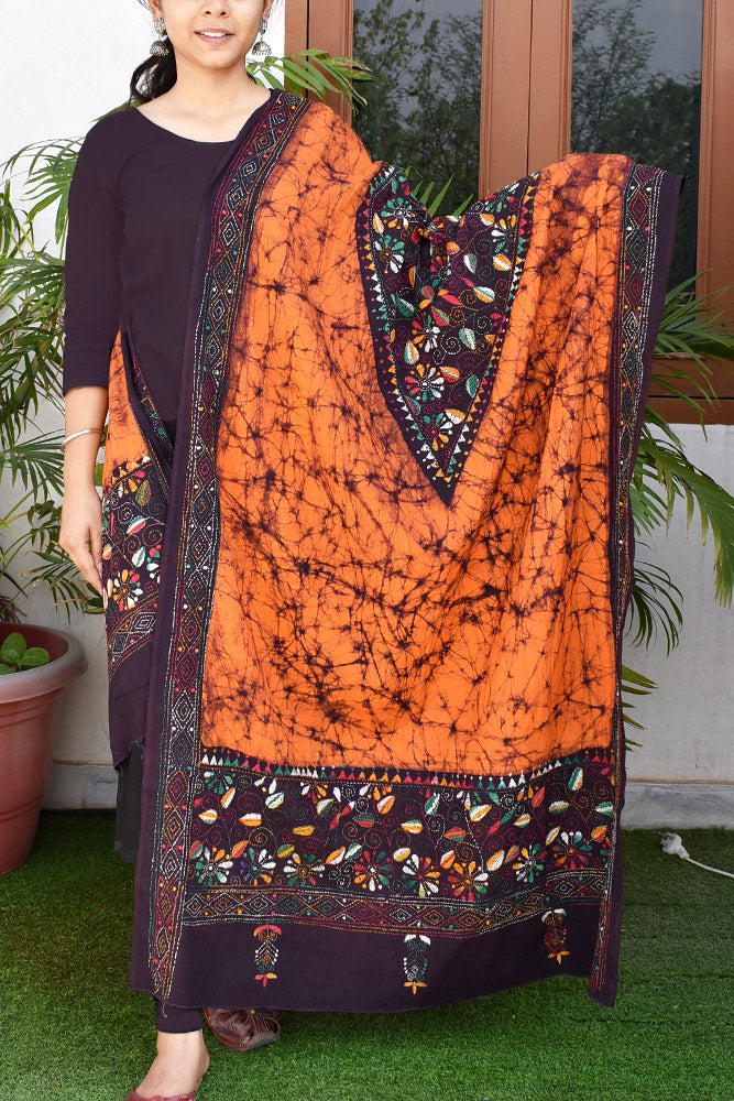 Handcrafted & Handembroidered Cotton Dupatta with Bengal Kantha & Batik work