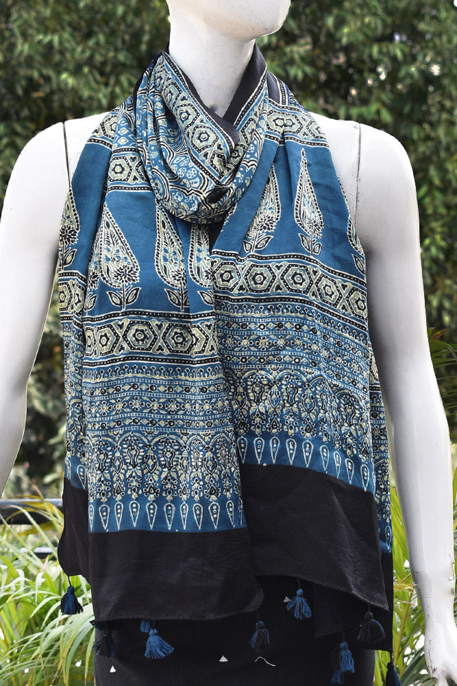 Beautiful Hand Block Printed Ajrakh Modal Silk stole with Tassels