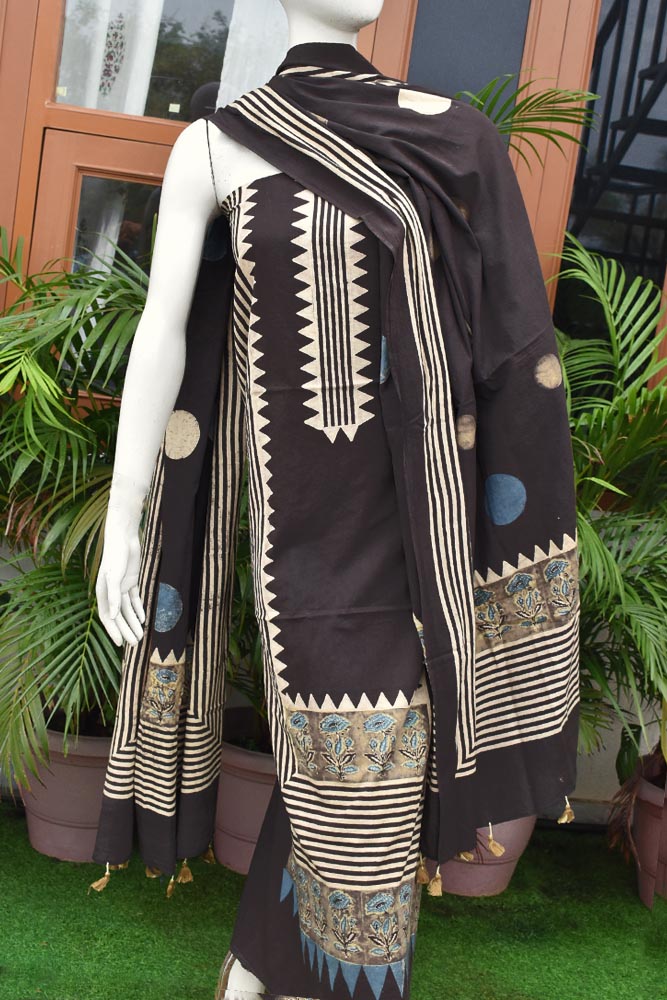 Hand Block Print Ajrakh Cotton Suit with designer Ajrakh neck yoke pattern