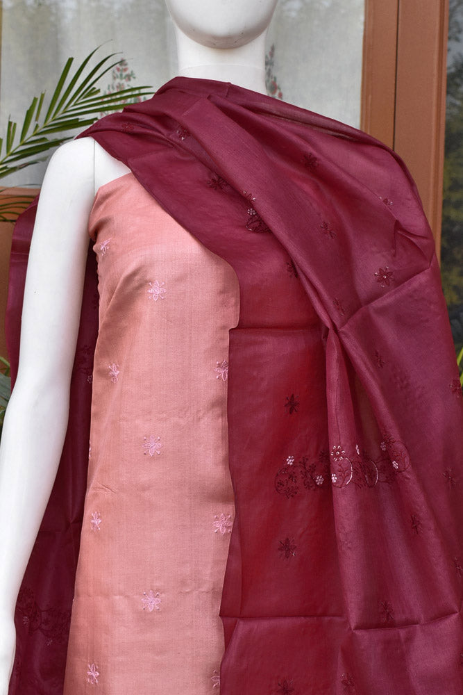 Elegant Tussar Silk Unstitched suit with Embroidered Kurta and Dupatta & blended silk bottom