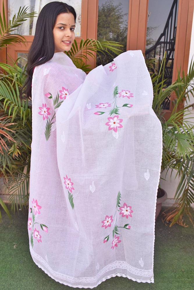 Kota Cotton Dupatta with Hand Paint, Hand Chikankari embroidery & crochet borders on all sides