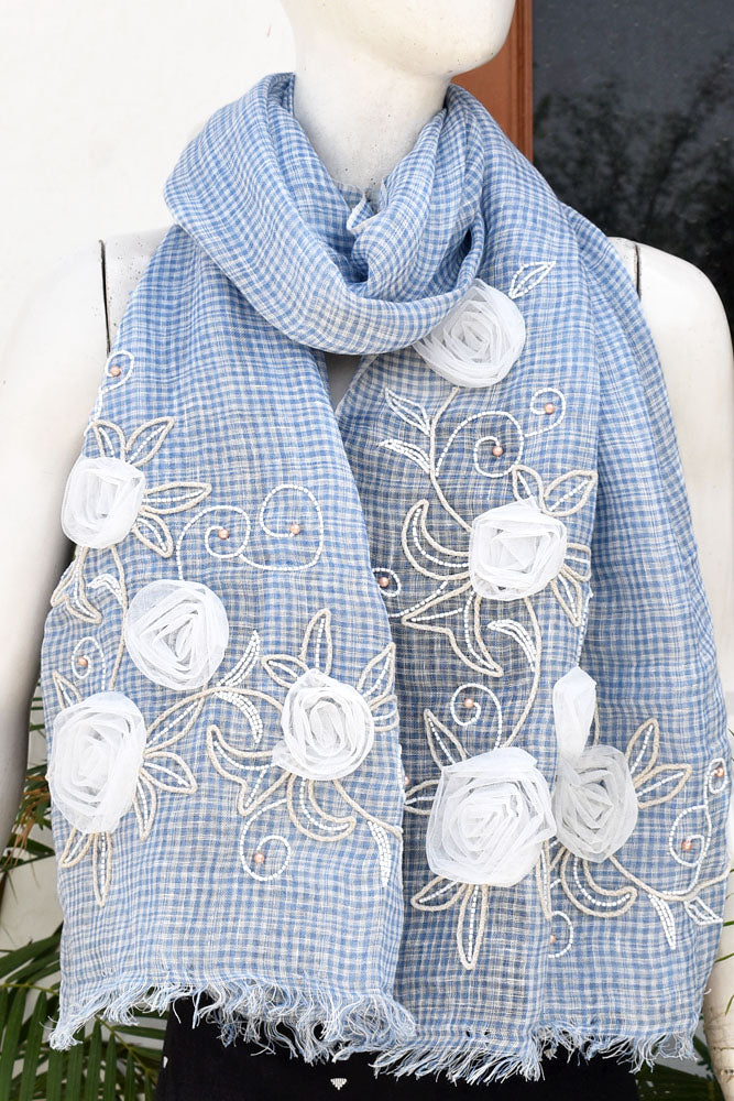 Beautiful Linen Stole with hand embroidery, embellishments & tassels