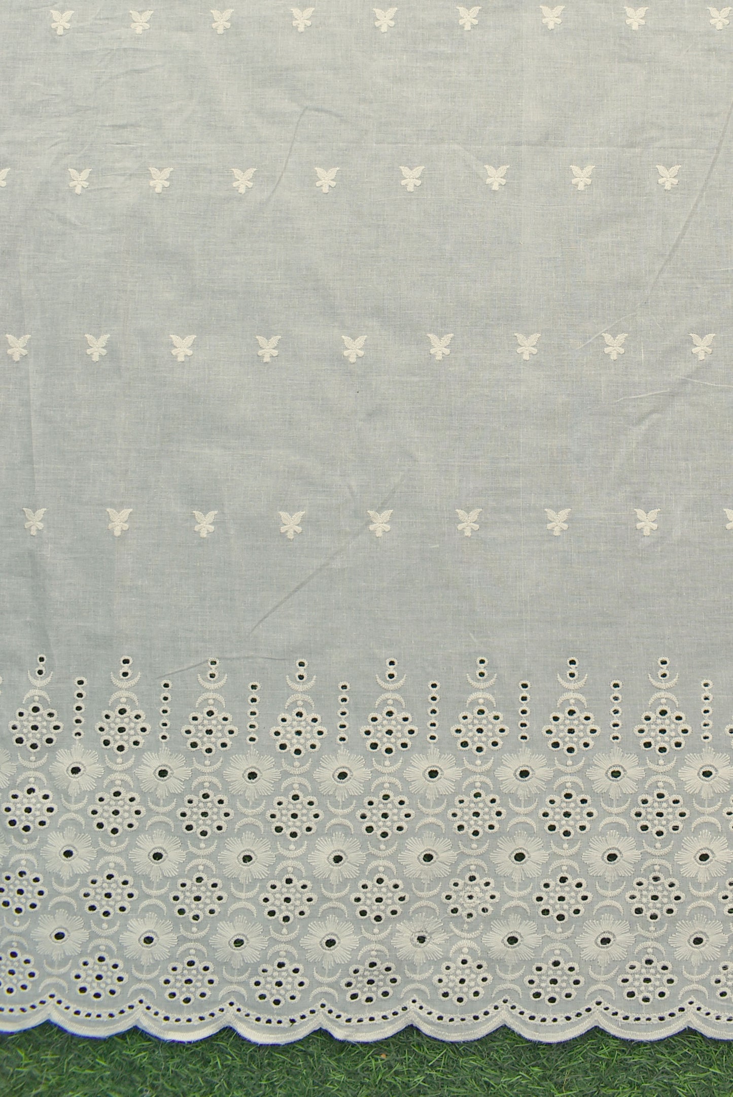 Beautiful cotton fabric with schiffli work & embroidery - 2.5 mtrs - color dark cream - dyeable