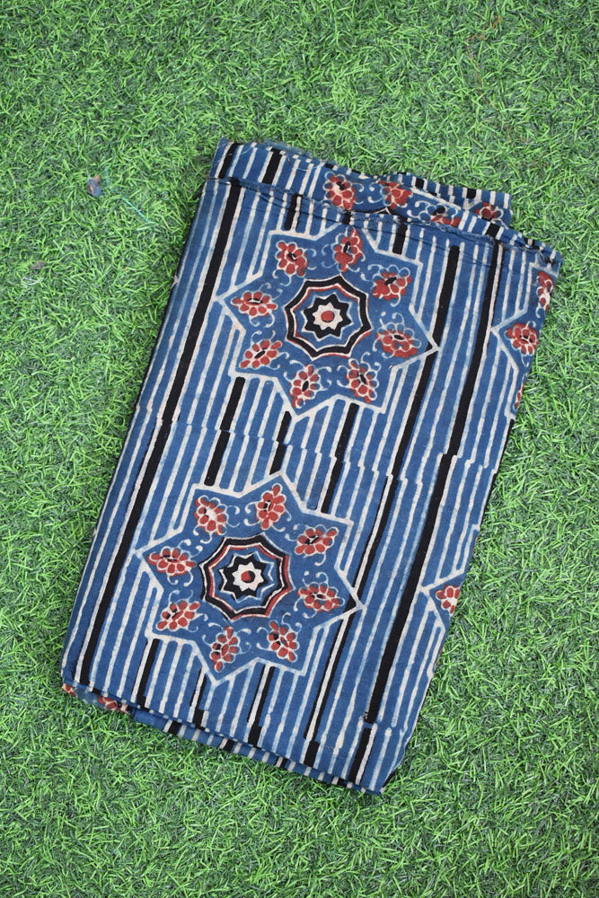 Block Print Ajrakh Cotton Suit with designer Ajrakh neck yoke /panel & Dupatta