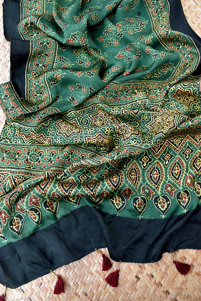 Beautiful Hand Block Printed Ajrakh Modal Silk stole with Tassels