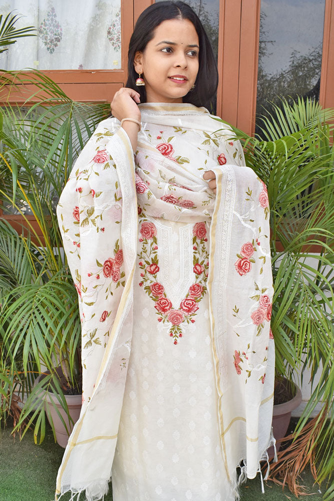 Beautiful embroidered Banarasi Slub Cotton Chanderi suit