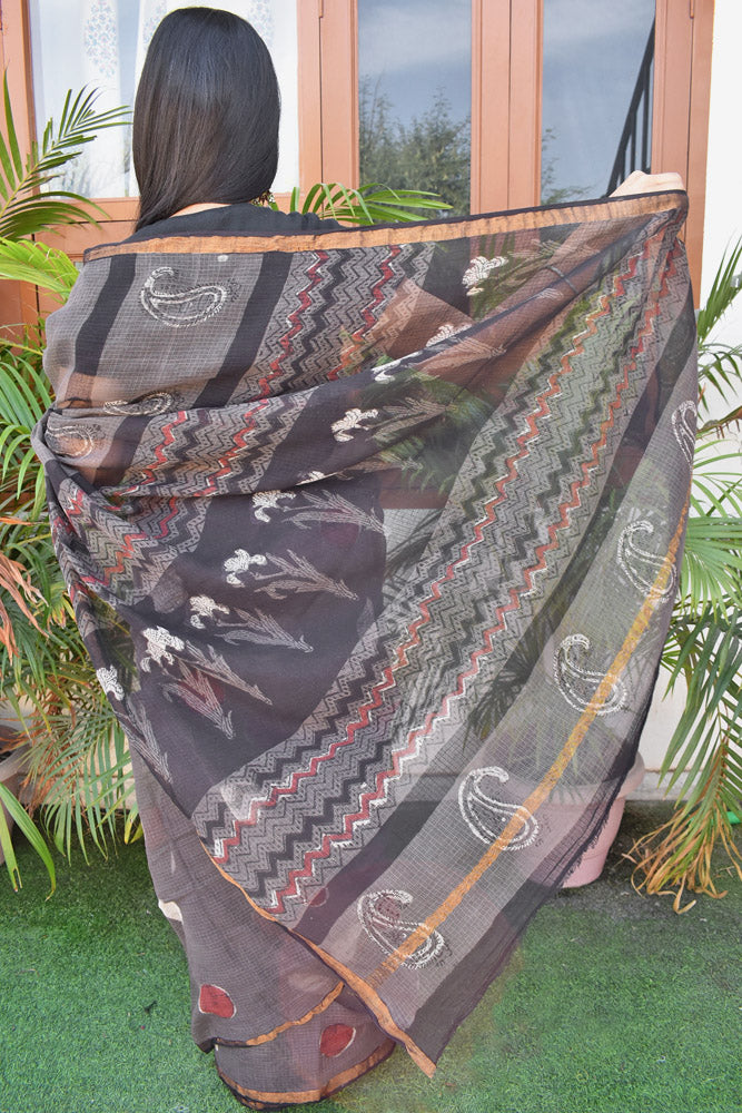 Beautiful Hand Block Printed Kota cotton Saree with zari border