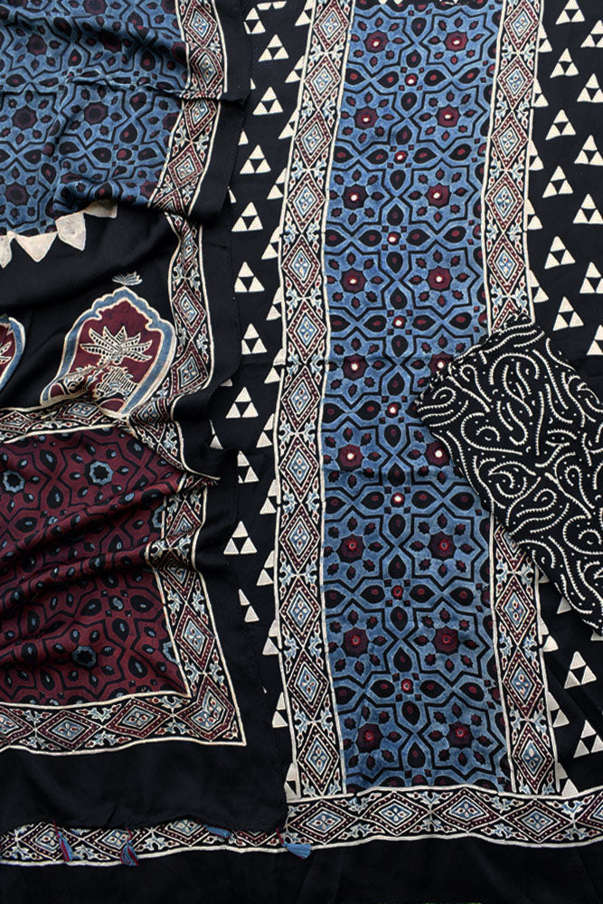 Designer Ajrakh Modal Silk Unstitched suit with  panel design, Mirror work & Long Stole - 3 piece set