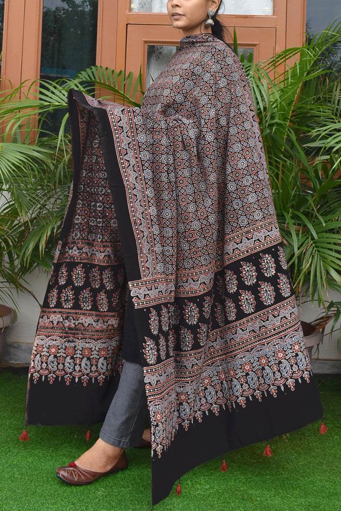 Ajrakh Hand Block Printed Cotton Dupatta with Tassels with natural dyes