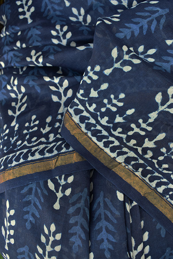 Indigo Diaries : Elegant Hand Block Printed Dabu Indigo Chanderi Saree