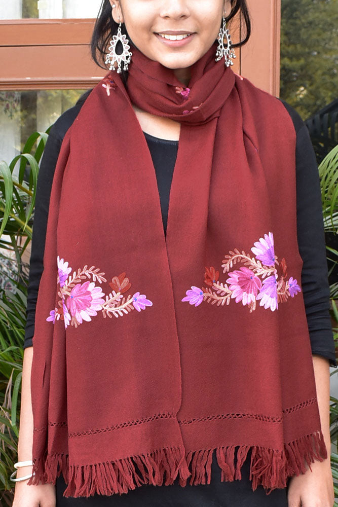 Elegant, Fine & Soft Semi Pashmina Woolen Stole with Aari work Embroidery