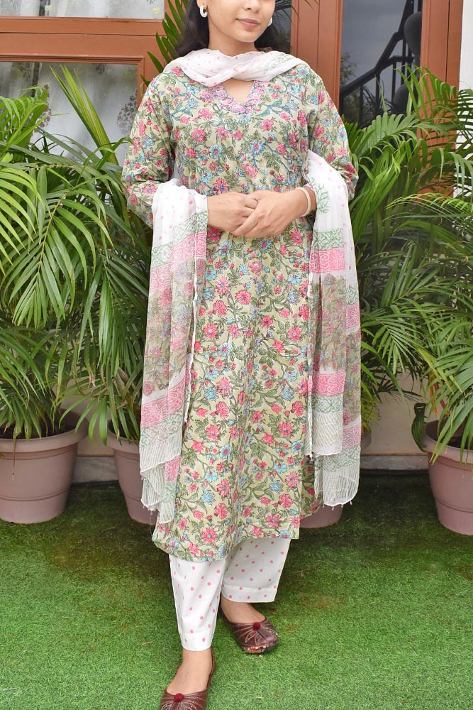 Hand Block Printed Cotton suit with Hand Embroidery - Kurta , Chiffon Dupatta & Pant - size 36, 38, 40, 42, 44