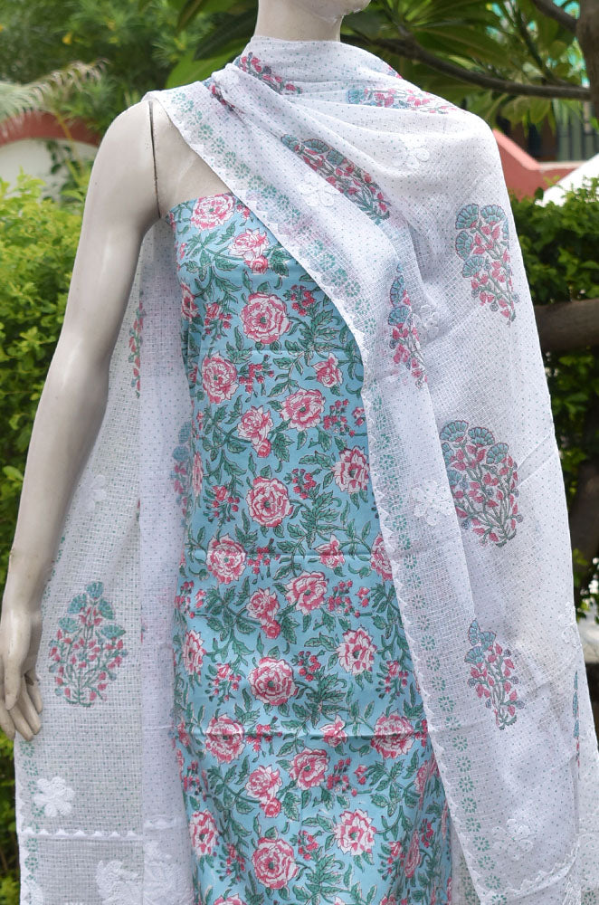 Exquisite Cotton unstitched suit with Block Printed Kota dupatta with Hand Chikankari embroidery