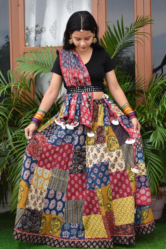 Beautiful Ajrakh Hand Block Printed Patch Work Cotton Long Skirt with Stitched borders