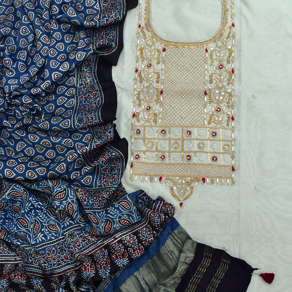 Exquisite Hand Embroidered Chanderi Kurta fabric & Ajrakh Dupatta with Zari patta & Tassels