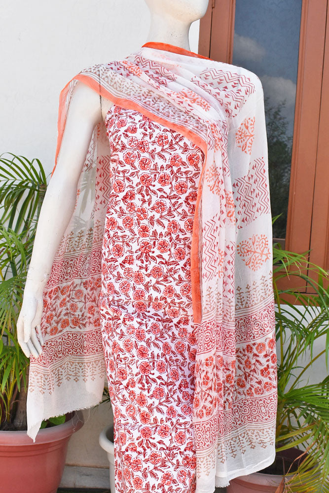 Hand Block Printed Cotton unstitched suit fabric with Chiffon dupatta