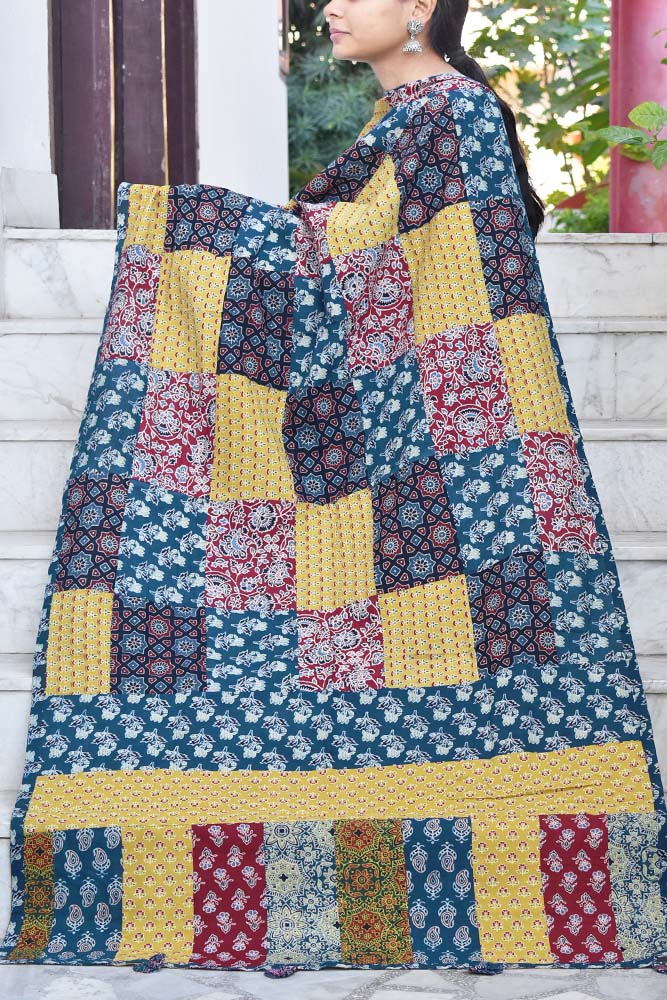 Barmer Ajrakh Patch Work Cotton Dupatta with Tassels