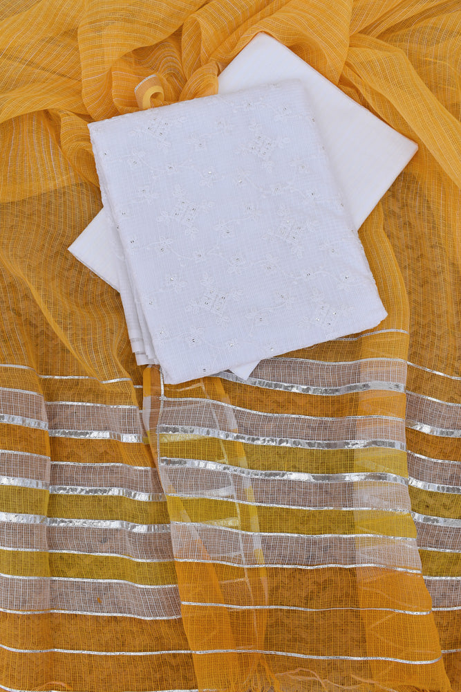 Premium Kota Unstitched suit with Schiffli & sequin work & Hand Block Print Dupatta