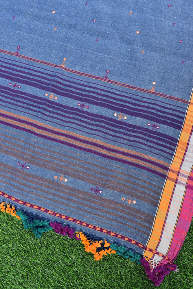Elegant Handwoven Organic Kala Cotton Bhujodi Dupatta with Mirror , Miri Work and Tassels