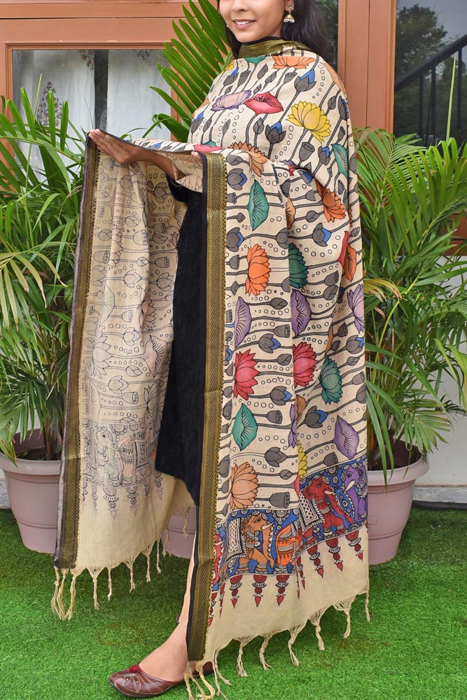 Beautiful Mangalgiri Cotton Pen Kalamkari Dupatta