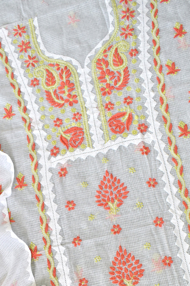 Elegant Milky White Kota Kurta & Dupatta Set with Applique & Lucknowi Hand Chikankari embroidery