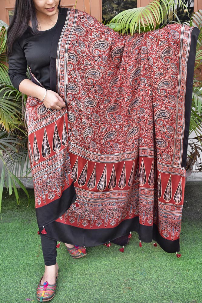 Elegant Modal Silk Ajrakh Block Print Dupatta with tassels