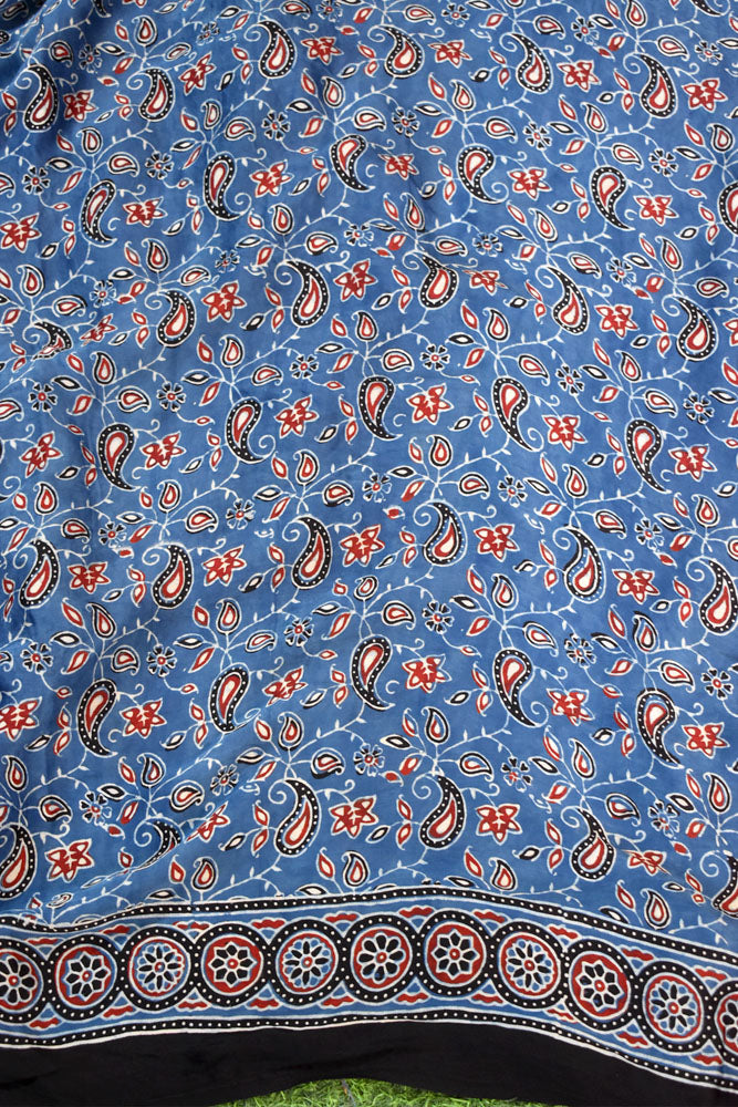 Elegant Hand Block Printed Ajrakh Modal Silk Saree with Mirror Work & tassels