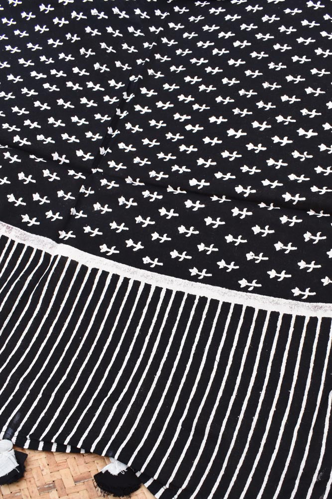 Elegant Hand block printed Cotton stole with cloth tassels