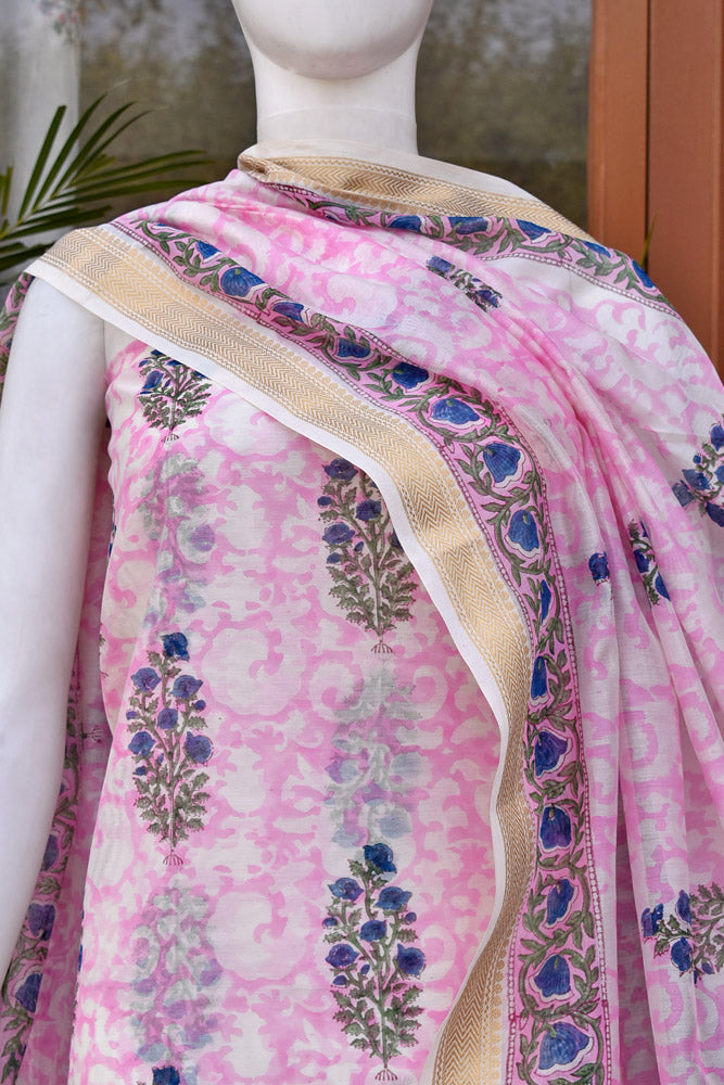 Beautiful Hand Block Printed Maheshwari Silk Cotton Unstitched suit fabric - 3 pc set
