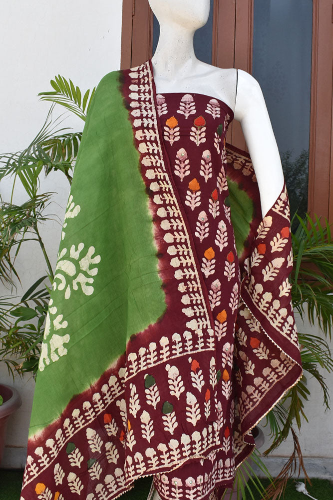 Wax Batik Work Cotton Unstitched Suit Fabric with foil mirror, embroidery & Cotton dupatta