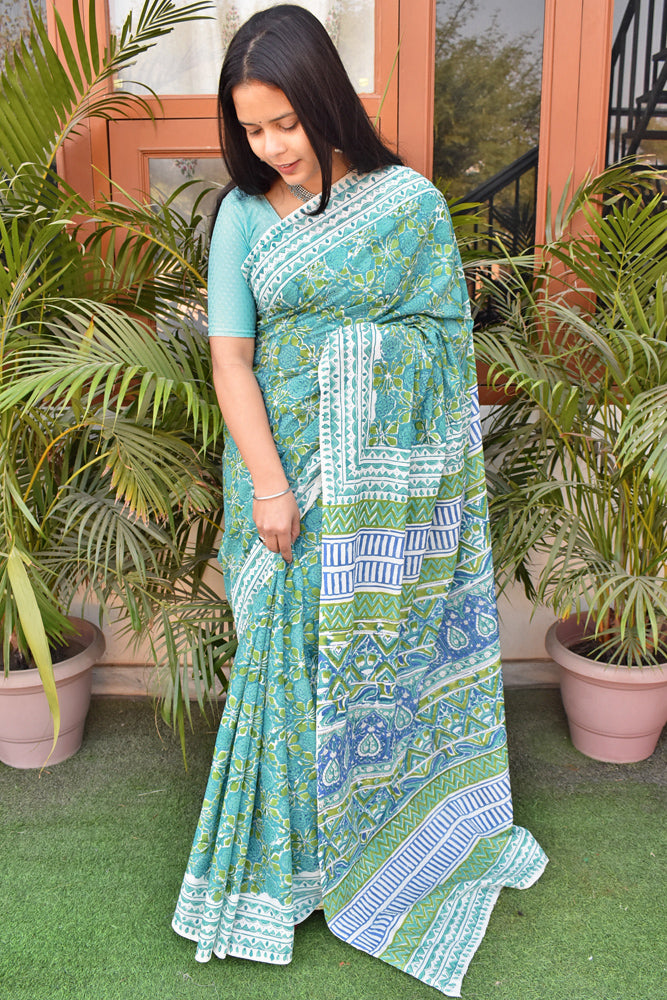 Beautiful Sanganer Hand Block Print Soft Cotton Saree