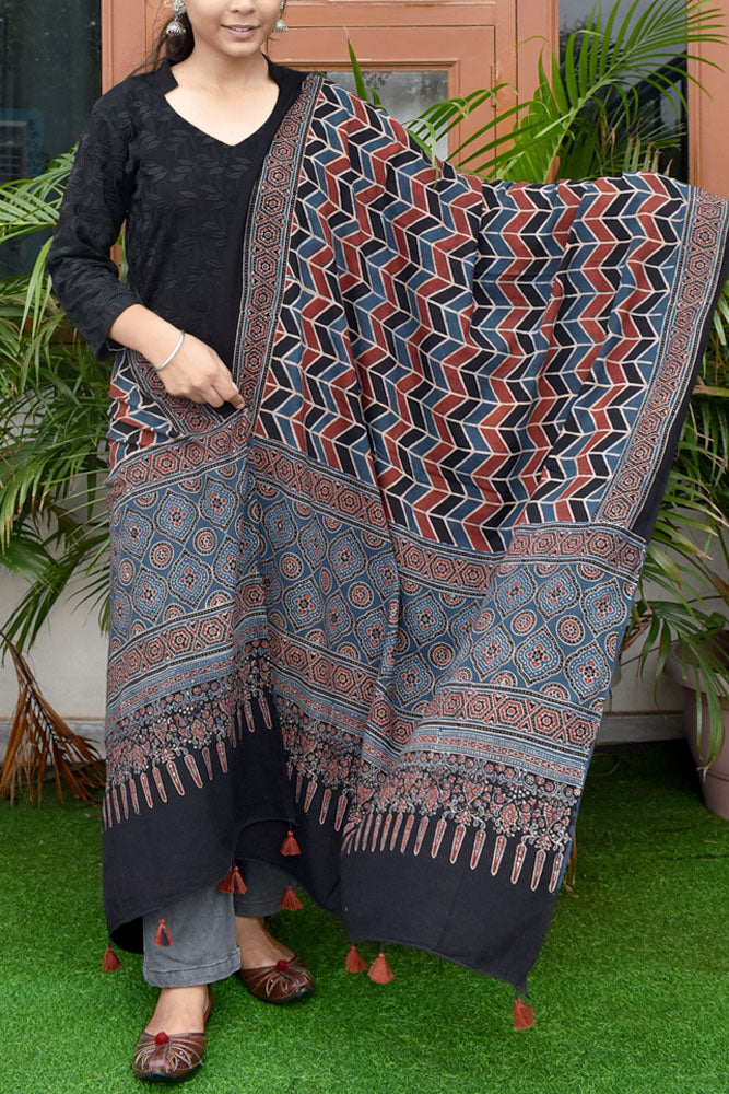 Ajrakh Hand Block Printed Cotton Dupatta with Tassels with natural dyes