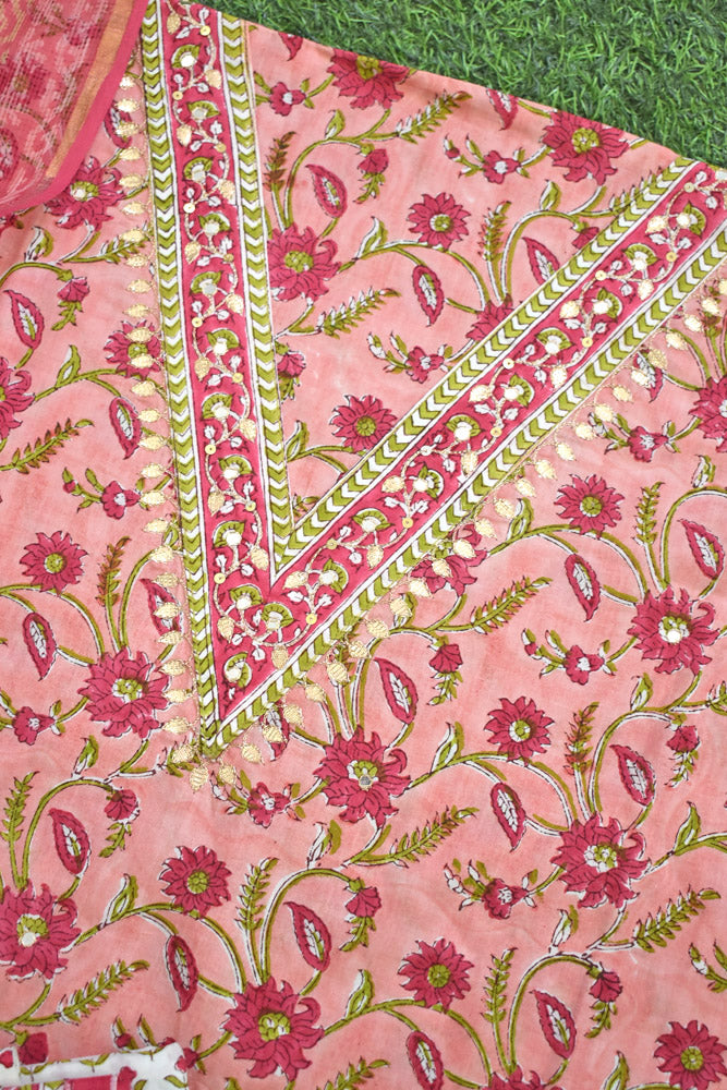 Elegant Hand Block print cotton suit with Premaid Neck work & Kota dupatta