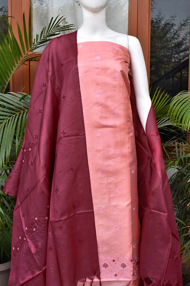 Elegant Tussar Silk Unstitched suit with Embroidered Kurta and Dupatta & blended silk bottom