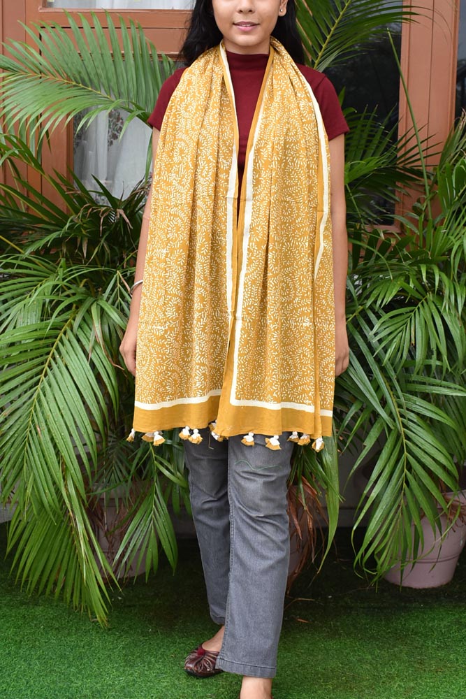 Elegant Hand block printed Cotton stole with cloth tassels