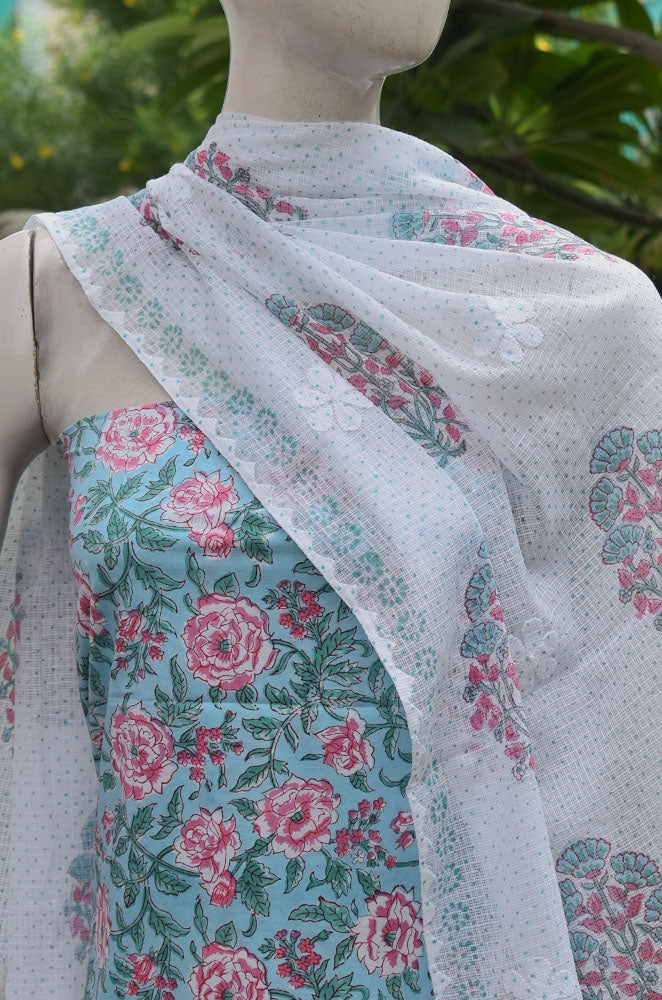Exquisite Cotton unstitched suit with Block Printed Kota dupatta with Hand Chikankari embroidery
