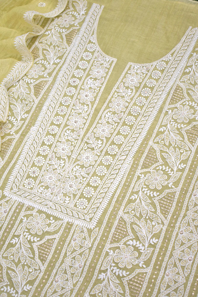 Gorgeous Mul Chanderi Kurta fabric & Dupatta set with embroidery