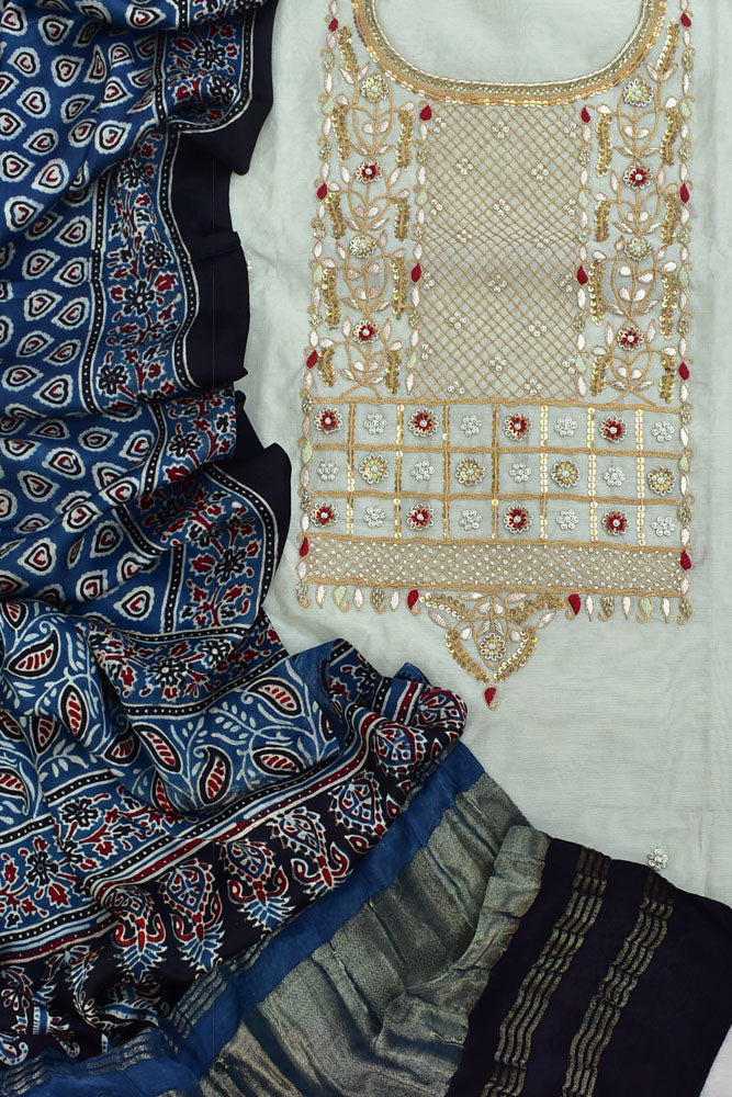 Exquisite Hand Embroidered Chanderi Kurta fabric & Ajrakh Dupatta with Zari patta & Tassels