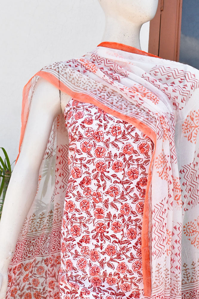 Hand Block Printed Cotton unstitched suit fabric with Chiffon dupatta