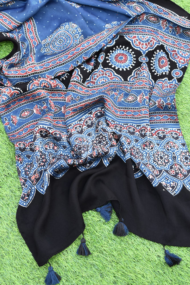 Beautiful Hand Block Printed Ajrakh Modal Silk stole with Tassels
