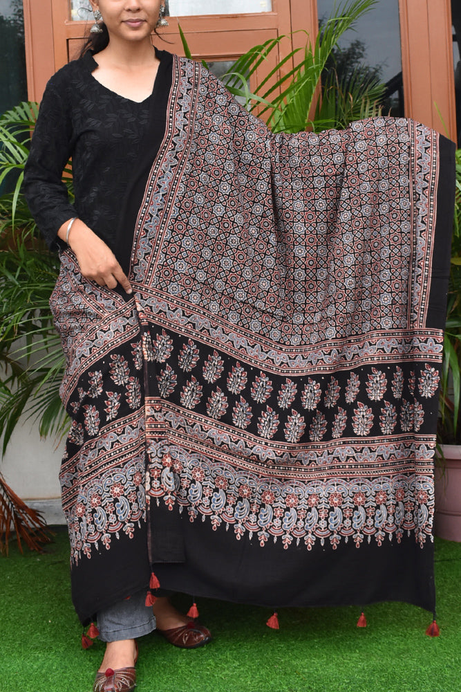 Ajrakh Hand Block Printed Cotton Dupatta with Tassels with natural dyes
